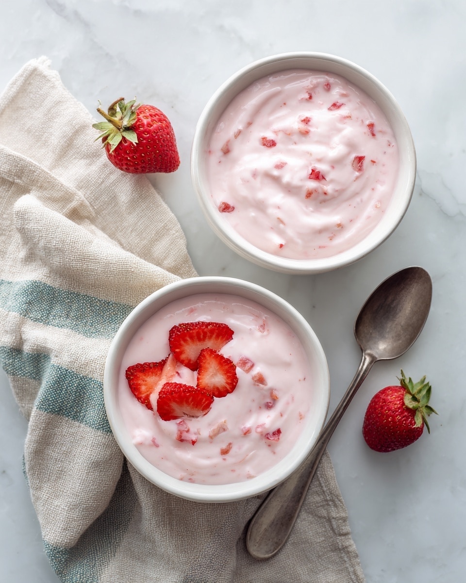 The image shows two white bowls filled with smooth, light pink yogurt mixed with small red strawberry pieces. The top bowl is plain yogurt, placed near the top center, while the bottom bowl has three halved strawberries placed neatly on its edge and is positioned closer to the bottom left. Both bowls rest on a white marbled surface with a folded beige cloth with blue and green stripes loosely surrounding them. A silver spoon and a fresh whole strawberry sit on the bottom right side near the edge of the cloth. The scene has soft natural light and a clean, fresh look. photo taken with an iphone --ar 4:5 --v 7