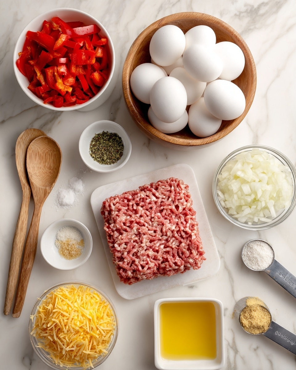 The image shows various cooking ingredients on a white marbled surface. In the center is a square layer of raw ground meat with a pink and white mix. Above the meat, there is a round wooden bowl filled with six white eggs stacked closely. To the left of the meat, there is a round white bowl with bright red chopped bell peppers. Below the meat, two wooden spoons rest side by side, one with white salt and the other with green dried herbs. To the right of the wooden spoons, there is a small clear bowl with chopped white onions. To the right of the meat are two metal measuring spoons, one with a pale yellow powder and the other with black pepper. Below the spoons is a small white bowl filled with golden yellow shredded cheese, with a few cheese pieces scattered outside the bowl. Below the cheese bowl is a small white square bowl with yellow oil. Everything is arranged neatly on the white marbled surface photo taken with an iphone --ar 4:5 --v 7