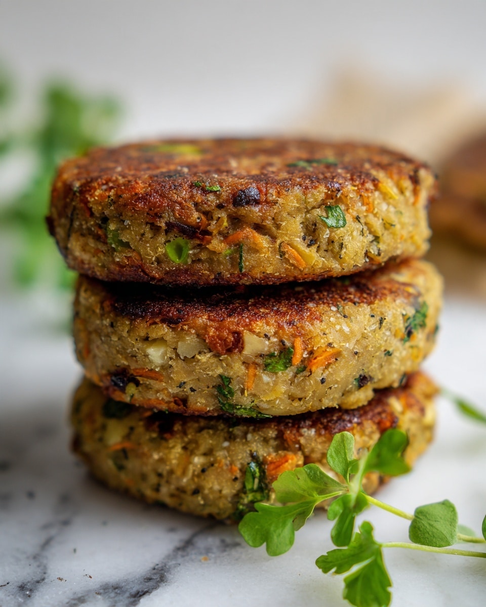 The image shows three browned patties stacked on top of each other inside a clear glass container. Each patty has a golden-brown crispy outside with visible green herbs and small orange pieces mixed in, giving a fresh and textured look. The patties look thick and slightly uneven, showing a homemade style. The background is a white marbled surface with a small green herb sprig placed nearby. The scene is bright and natural, creating a fresh and simple food presentation. Photo taken with an iphone --ar 4:5 --v 7