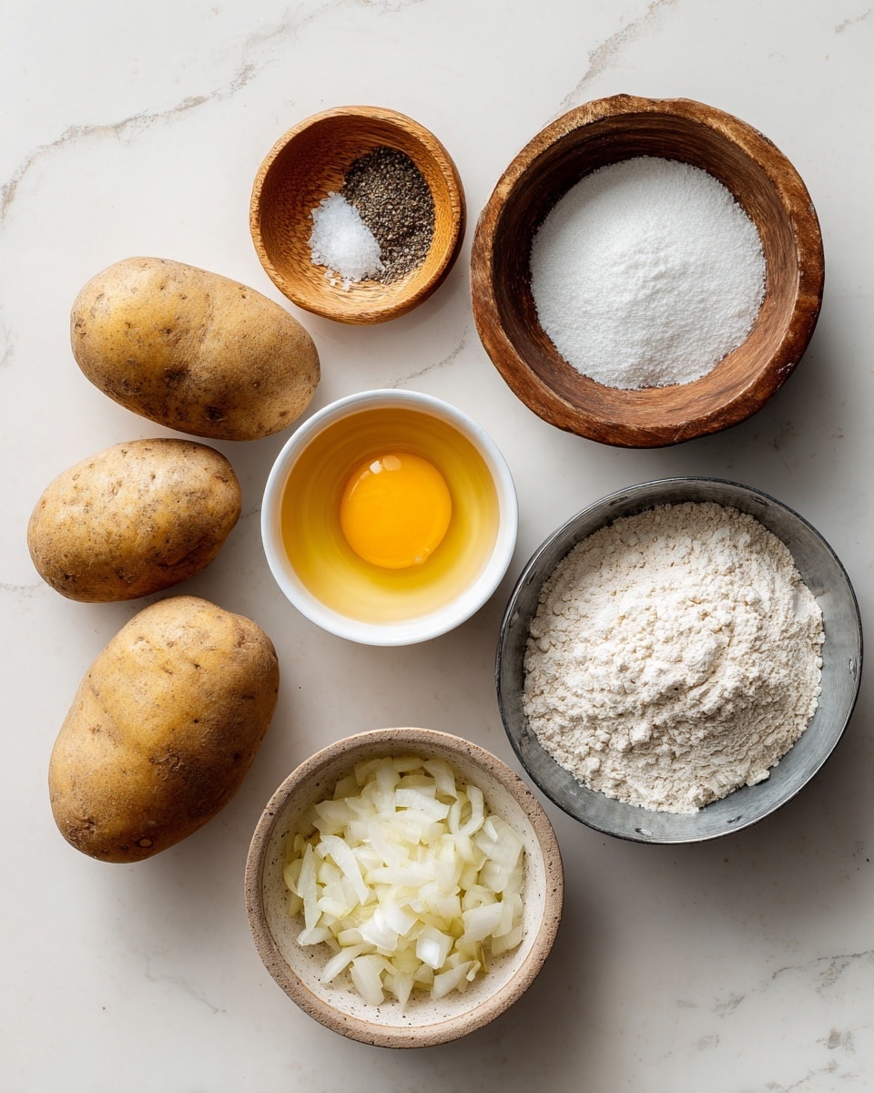 The image shows simple cooking ingredients on a white marbled surface. There are two medium brown potatoes on the left side with a rough texture. Above them are two small round wooden bowls, one with coarse black pepper and the other with white salt. In the center is a small white container holding one raw egg with a bright yellow yolk and clear egg white. To the right are three small bowls: a beige clay one with white flour, a white one with yellowish powder, and a metal bowl filled with finely chopped white onions. The arrangement is neat, with soft natural light highlighting the textures and colors. Photo taken with an iphone --ar 4:5 --v 7