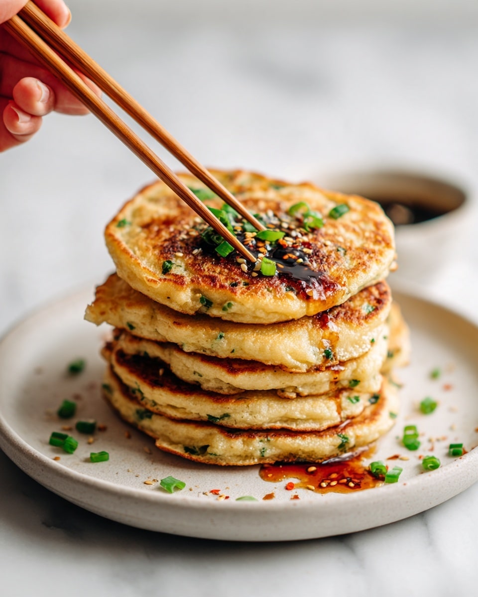 A stack of five golden brown pancakes with a crisp, textured surface and small bits of green herbs is placed on a white plate. Each pancake shows slight irregular edges and a soft, slightly melted interior visible in the top pancake where a small piece is missing. Bright green chopped scallions are sprinkled on top and around the pancakes. To the side, wooden chopsticks are held by a woman's hand, dipping into a glossy dark sauce with red chili flakes and sesame seeds dotted around the pancakes on the plate. The background is a smooth white marbled texture. photo taken with an iphone --ar 4:5 --v 7
