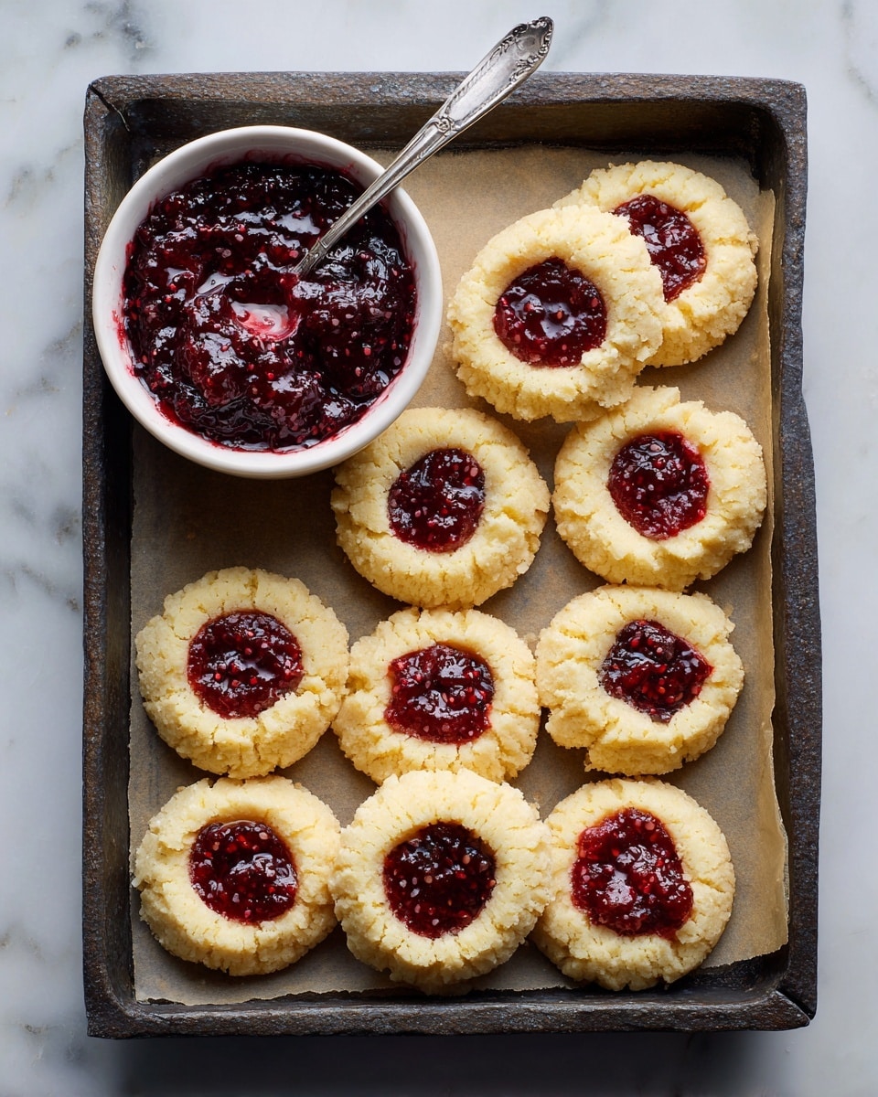 A dark metal tray holds twelve round cookies arranged neatly in three rows on a sheet of parchment paper, each cookie featuring a crumbly light yellow base with a rough texture and a small well filled with a deep red, chunky jam in the center. Above the tray, a white bowl with a shiny spoon inside is filled with the same dark red jam, showing a mix of smooth and seed-filled texture. The tray rests on a white marbled surface. photo taken with an iphone --ar 4:5 --v 7