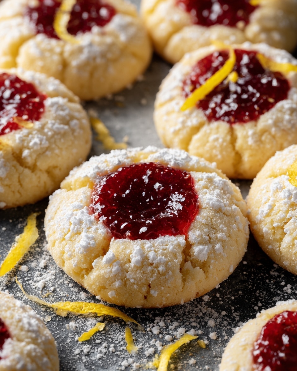 The image shows several round thumbprint cookies arranged closely. Each cookie has a soft, pale yellow dough base with a textured, cracked surface and a deep red, glossy jam filling in the center. The cookies are dusted with white powdered sugar, adding a light dusting over the dough edges. Thin yellow lemon peel strips are scattered around the cookies and one strip rests gently on the front cookie's edge. The cookies are placed on a dark surface with powdered sugar scattered lightly around them, all set against a white marbled texture background. photo taken with an iphone --ar 4:5 --v 7