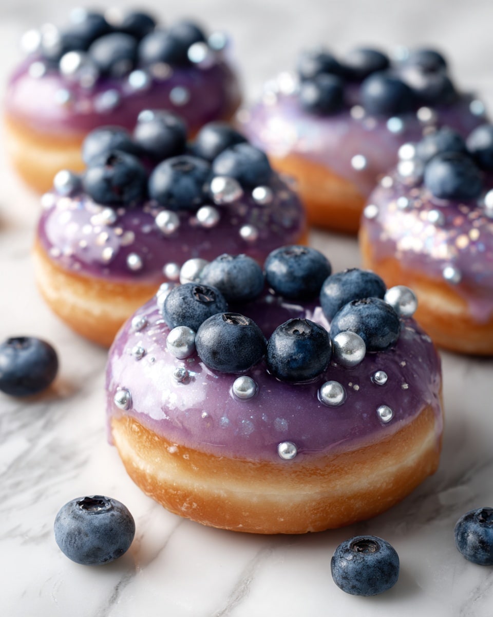 A group of soft golden-brown donuts with a smooth light purple glaze covering the top layer, each donut topped with glossy fresh blueberries and small shiny silver balls scattered across the glaze, some blueberries slightly bleeding purple color into the glaze. The donuts are placed on a white marbled surface with a few loose blueberries scattered around them. photo taken with an iphone --ar 4:5 --v 7
