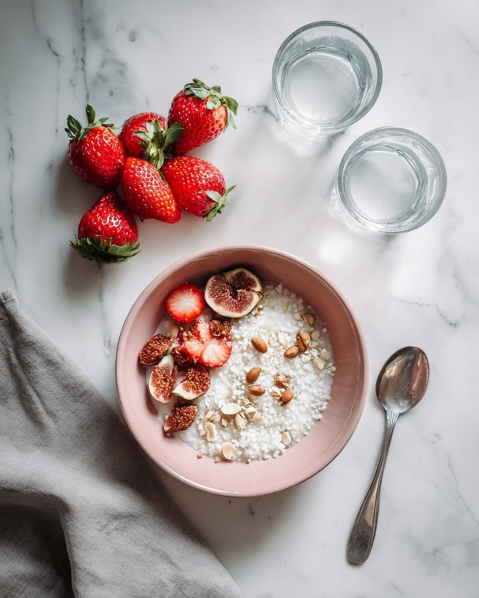 A pink bowl filled with a single layer of white, coarse grains sits on a white marbled surface next to a dollop of almond nuts and several dried fig pieces. Behind the bowl, there are five bright red strawberries arranged together with fresh green tops. Two clear glasses, one filled with white liquid and the other with clear water, sit nearby. A silver spoon rests to the right of the bowl, and a gray cloth is placed folded to the left on the white marbled surface. photo taken with an iphone --ar 4:5 --v 7