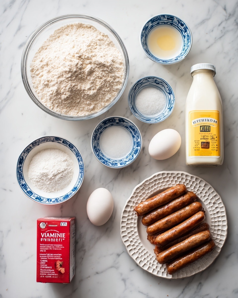 The image shows a collection of baking ingredients placed on a white marbled surface. On the left side, there is a clear glass bowl filled with pale beige flour. To the upper right of the flour, there are three small white bowls with blue patterned rims, each containing a different white powder—sugar, salt, and baking powder. Below these bowls, a small red box of vanilla extract stands next to a single whole white egg. To the right of the egg and vanilla extract, there is a tall white bottle with a yellow label of buttermilk. At the bottom of the image, a white plate with a honeycomb pattern holds ten browned sausage links arranged closely together. Next to the plate, slightly visible, is a clear glass filled with melted yellow butter. Photo taken with an iphone --ar 4:5 --v 7