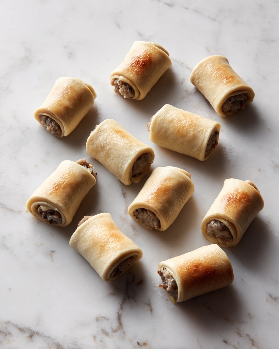 The image shows nine small sausage rolls placed on a white marbled surface. Each roll has one layer of light beige dough mixed with small bits of something darker inside it. The dough wraps loosely around the sausage filling, which is a grayish-brown color and is visible at the ends of each roll. The rolls are placed in a scattered but balanced arrangement, with the shapes mostly cylindrical but slightly uneven and soft-looking. The lighting is soft and natural, giving the dough a matte texture with slight shadows on the marbled surface. photo taken with an iphone --ar 4:5 --v 7