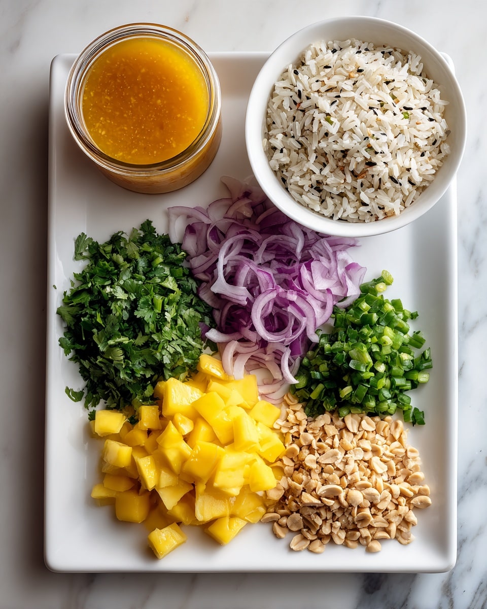 A white square plate holds five separate piles of ingredients: bright green chopped cilantro at the top left, thin rings of purple onion at the top right, small green diced pieces in the middle, bright yellow diced mango chunks at the bottom left, and a heap of crushed peanuts at the bottom right. Next to the plate on the right is a white bowl filled with a mix of white and wild rice. Above the bowl is a small glass jar filled with orange sauce. All items sit on a white marbled surface. photo taken with an iphone --ar 4:5 --v 7