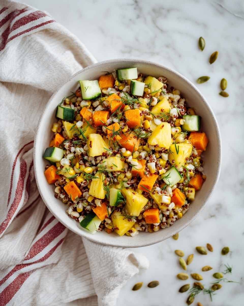 A round white ceramic bowl filled with a colorful mixed salad, featuring small pieces of yellow pineapple and orange carrots, green cucumber cubes, white and red cooked grains, bright yellow corn kernels, scattered toasted hazelnuts with a light brown color, and some green pumpkin seeds. The bowl sits on a white and red striped cloth over a white marbled surface, with a few seeds and small green herbs sprinkled around. Photo taken with an iphone --ar 4:5 --v 7