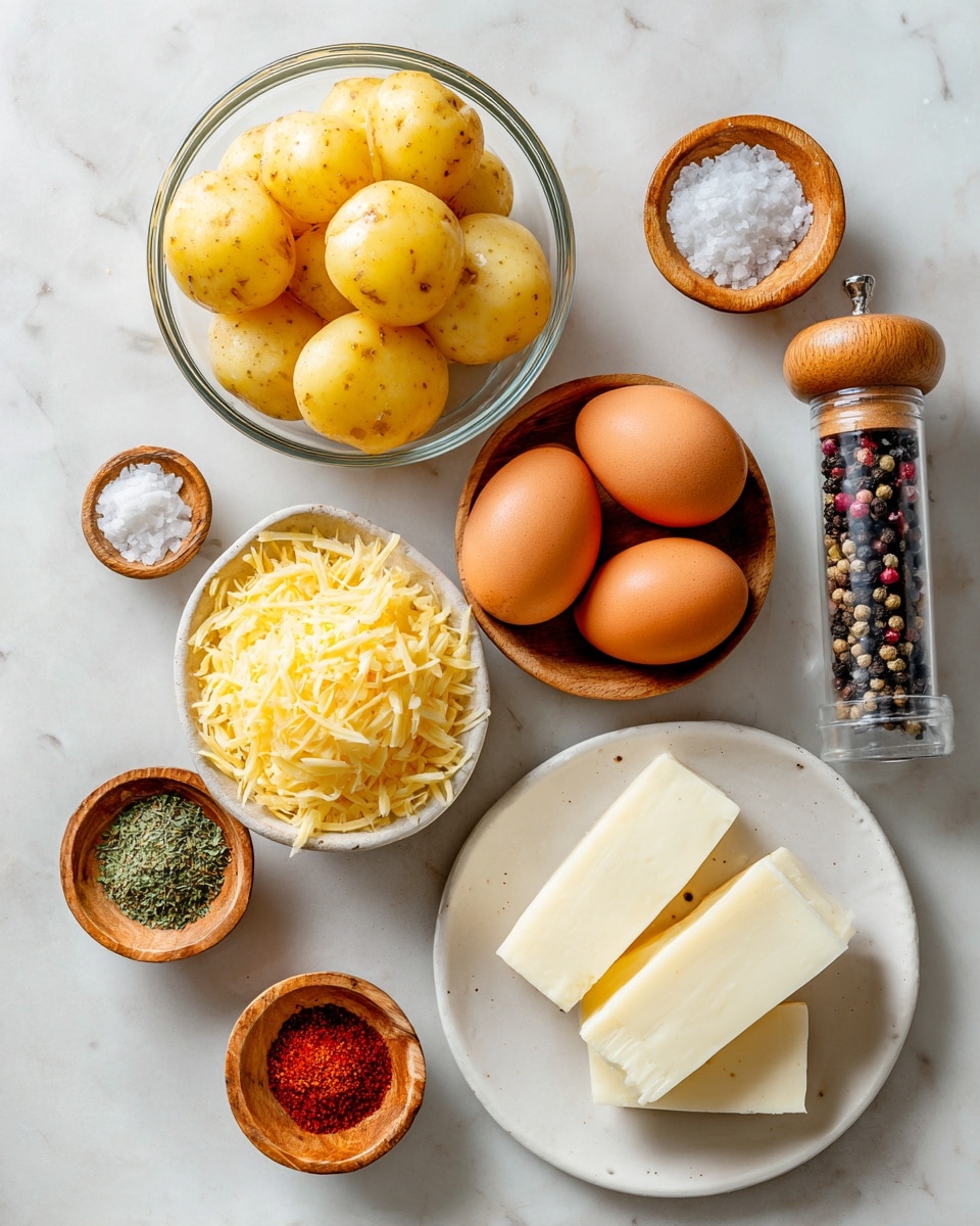 The image shows a top view of cooking ingredients arranged on a white marbled surface. At the center, there is a clear glass bowl filled with peeled yellow potatoes. To the bottom right, a white round plate holds three thick slices of white cheese. On the top right, four brown eggs are placed together. Near the top center, a small round wooden bowl contains coarse salt, while to the left, a small white bowl holds finely grated yellow cheese. Below the salt and cheese, two smaller wooden bowls have red paprika powder and green dried herbs. On the right side, there is a transparent pepper grinder with black, white, and pink peppercorns inside. All items are spaced neatly and clearly visible, photo taken with an iphone --ar 4:5 --v 7