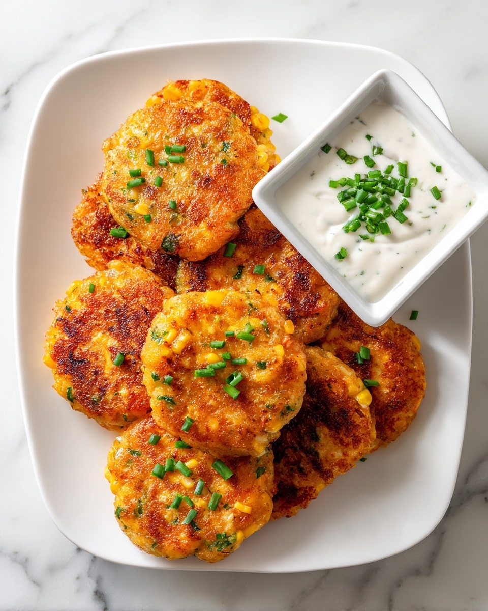 A white square plate is filled with round, golden-orange patties that have a crispy, textured surface with visible shreds and small pieces of corn. They are stacked close together, and thin bright green chopped chives are scattered on top of them. On the top right corner of the plate, there is a white square bowl filled with white creamy sauce, also sprinkled with a few small pieces of chopped green chives. The whole scene sits on a white marbled surface. Photo taken with an iphone --ar 4:5 --v 7