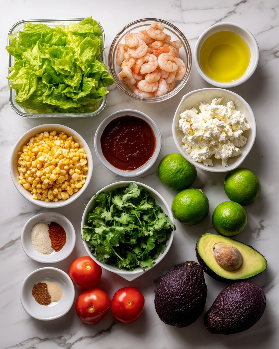 The image shows a tray with 10 white bowls and containers arranged neatly on a white marbled surface. In the top left, a clear plastic container holds bright green lettuce leaves with a fresh texture. To the right, a bowl is filled with small pink shrimp, while below it is a bowl with yellow liquid, likely oil. Below the lettuce, a bowl has yellow corn kernels. In the center, a bowl holds a reddish-brown sauce, and to its right is a bunch of fresh green cilantro. Below the corn, a bowl contains white cheese crumbles with a soft texture, next to a dark purple avocado. There are also two fresh whole limes and a bowl filled with smooth, shiny, red grape tomatoes. A small white bowl contains three spices with one creamy beige, one red, and one brownish powder. Photo taken with an iphone --ar 4:5 --v 7