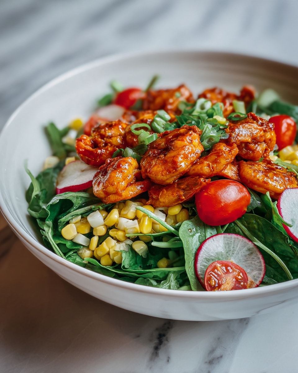A white bowl filled with a fresh salad, layered with vibrant green spinach leaves and arugula as the base. On top, there are juicy orange-brown cooked shrimp pieces with a slight glaze, scattered sweet cherry tomato halves in bright red, thin slices of red radish, and pale yellow kernels of grilled corn. The salad is garnished with small pieces of green onion and a soft focus of a white marbled surface in the background. Photo taken with an iphone --ar 4:5 --v 7