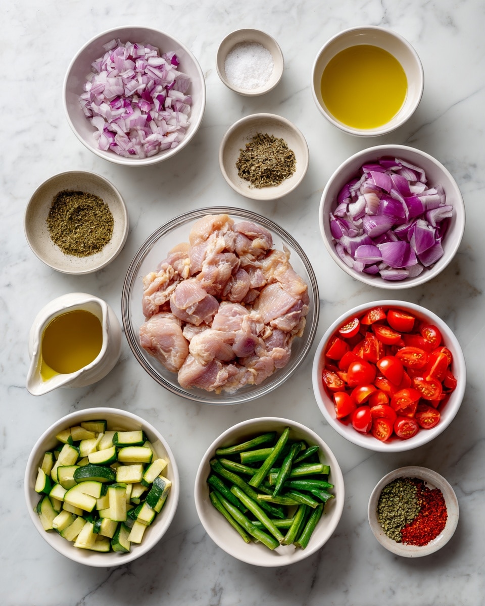 A white marbled surface holds nine bowls and a small pitcher arranged neatly in a circle. At the center is a clear bowl with light pink chicken pieces. Surrounding it, clockwise from the top: a white bowl with chopped purple onions, a white bowl filled with chopped red bell peppers, a small white bowl with salt and black pepper, a white bowl with sliced green zucchini, a small white pitcher with yellow olive oil, a white bowl with chopped green asparagus, a small white bowl with ground ginger, a clear bowl with bright red grape tomatoes, and a small white bowl containing mixed dried spices including green herbs, red chili flakes, and a reddish powder. Photo taken with an iphone --ar 4:5 --v 7