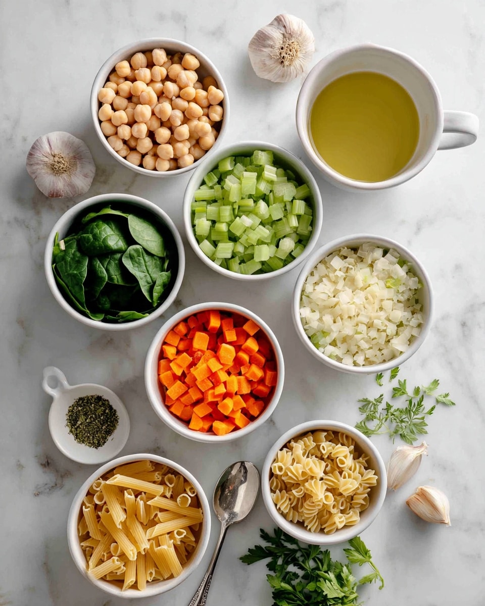 The image shows an overhead view of eleven small round white bowls and a white mug, all placed on a white marbled surface. The bowls are filled with various ingredients: one has light beige chickpeas, another has chopped light green celery, one contains fresh dark green spinach leaves, a bowl filled with finely chopped white onions, another with small bright orange diced carrots, a bowl holds uncooked light tan pasta, and one contains a bright yellow liquid, likely broth or oil. A small spoon rests on the carrots, holding greenish dried herbs, and there are garlic cloves and fresh green herbs scattered around. The white mug holds a light green liquid with a spoon inside. The arrangement is neat and bright, showing fresh and uncooked ingredients ready for cooking. Photo taken with an iphone --ar 4:5 --v 7
