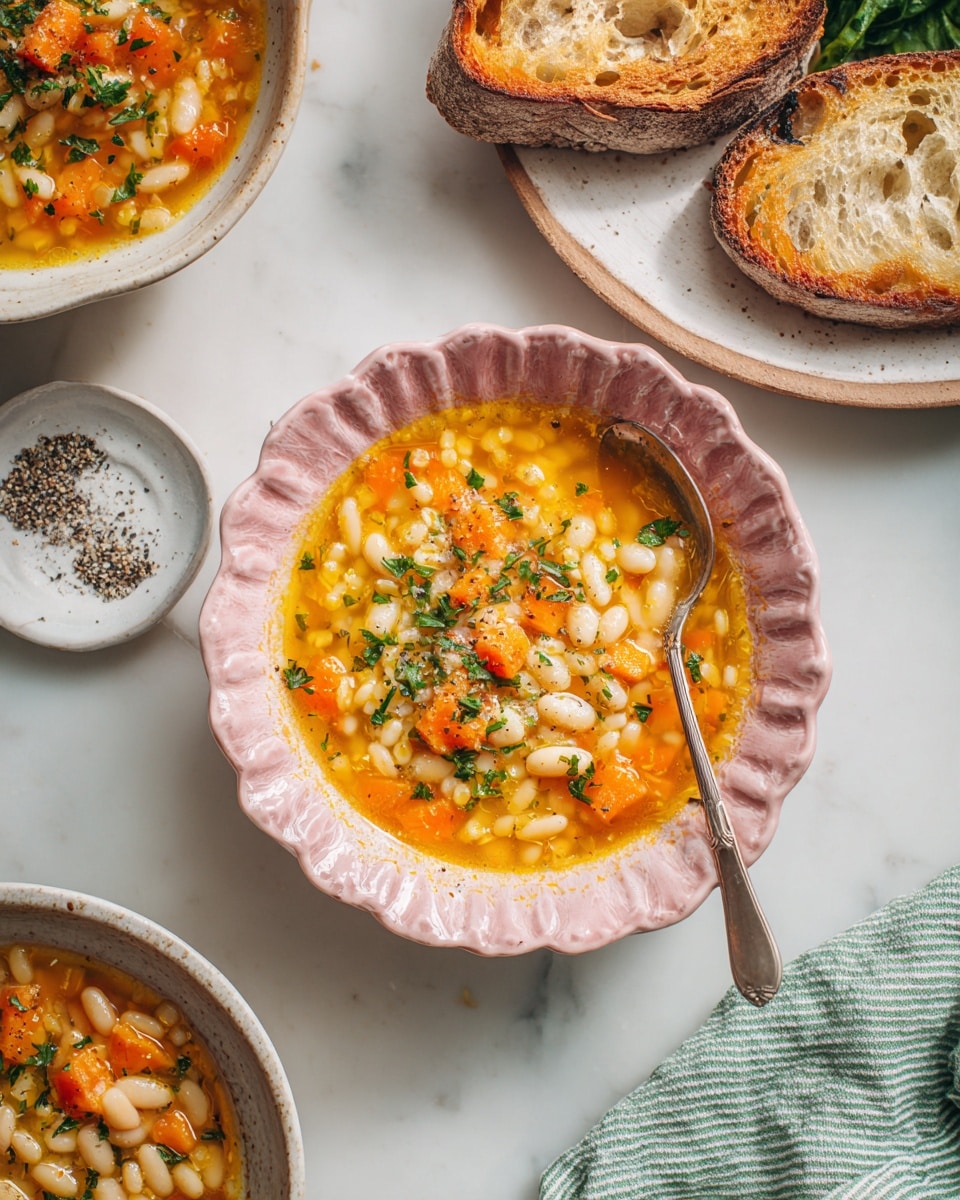 A pink scalloped bowl filled with a warm soup that has three layers: a base of orange broth, a middle layer with small white beans, yellow orzo pasta, and orange carrot pieces, and the top layer sprinkled with chopped green herbs. A silver spoon rests inside the bowl, partly submerged. The bowl sits on a white marbled surface, next to two pieces of rustic toasted bread on a larger white plate. Nearby is a small white dish with cracked black pepper and a green-striped cloth napkin. In the background, more bowls of the same soup and a leafy green garnish are visible. Photo taken with an iphone --ar 4:5 --v 7