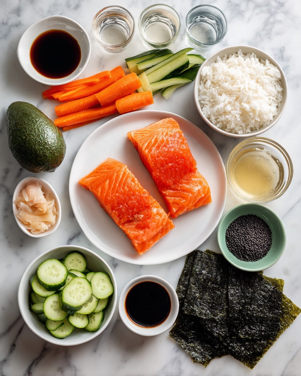 Baked Salmon Sushi Bowl Recipe 4 The image shows various ingredients for making sushi, all laid out on a white marbled surface. At the center, a white plate holds two bright orange pieces of raw salmon with visible texture. Surrounding it are small white bowls containing white rice, sliced cucumbers, and pickled ginger with pale pink hues. A single whole dark green avocado and a bright orange carrot lie near the top. There are also small glass cups filled with clear liquids, a small white dish of dark soy sauce with wasabi on the edge, a bowl of light tan sauce, and a small green bowl holding black sesame seeds. On the bottom right, there are several dark green sheets of seaweed stacked. Everything is neatly arranged and well spaced. Photo taken with an iphone --ar 4:5 --v 7