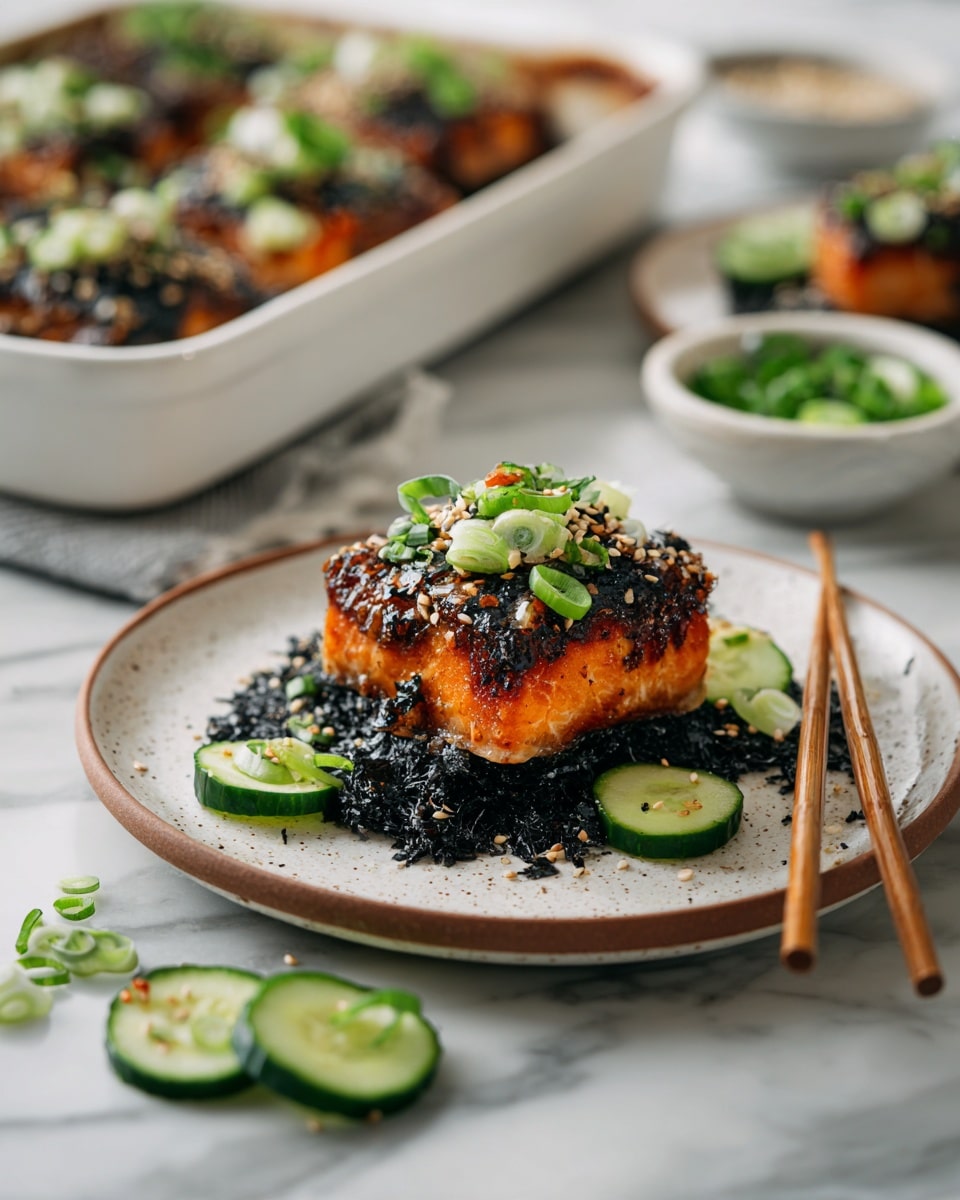 A square piece of cooked orange fish sits on a shiny black seaweed sheet on a white speckled plate with a brown rim. The fish layer is topped with black and white sesame seeds, small pieces of green onions, and a few thin cucumber slices. Around the plate are more cucumber slices and green onion pieces scattered loosely. Light brown wooden chopsticks rest diagonally on the plate’s edge. In the background, there is a white baking dish holding more of the same fish, topped with black and white sesame seeds, chopped green onions and cucumber slices. Two small bowls, one white with both black and white sesame seeds and one gray-green with chopped green onions, sit on a white marbled surface. photo taken with an iphone --ar 4:5 --v 7