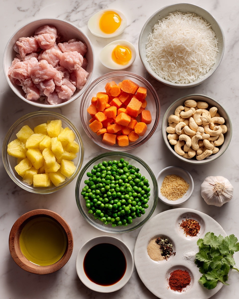 The image shows various ingredients for cooking, arranged on a white marbled surface. There is a white bowl with small pieces of raw pink chicken at the top left. Below it, a clear bowl contains two raw eggs with bright yellow yolks. To the right of the eggs, a clear bowl is filled with white cooked rice. Below the rice, a white bowl holds a mix of orange carrot sticks and green peas. Below the vegetables, another clear bowl shows chopped yellow pineapple chunks. Towards the right side, there is a small light gray bowl filled with light beige cashew nuts. Near the cashews, a small bowl has fresh green cilantro leaves. Below these, a white plate has several small piles of different spices in shades of red, white, and light brown. There are small dishes nearby holding dark soy sauce, light golden oil, and other clear liquids. Two cloves of garlic sit in a small wooden bowl towards the bottom left. The whole setup is neat and colorful. Photo taken with an iphone --ar 4:5 --v 7