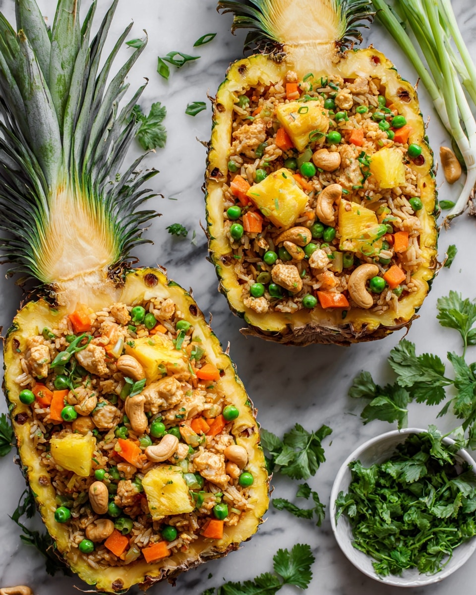 Two large pineapple halves act as bowls filled with fried rice. The top layer of the rice contains pieces of orange carrots, green peas, chunks of pineapple, cashew nuts, small pieces of light brown chicken, and green herbs scattered on top. The pineapples have spiky green leaves and a yellow inner flesh edge visible around the rice. A small white bowl of fresh green cilantro leaves sits nearby on a white marbled surface. The photo taken with an iphone --ar 4:5 --v 7