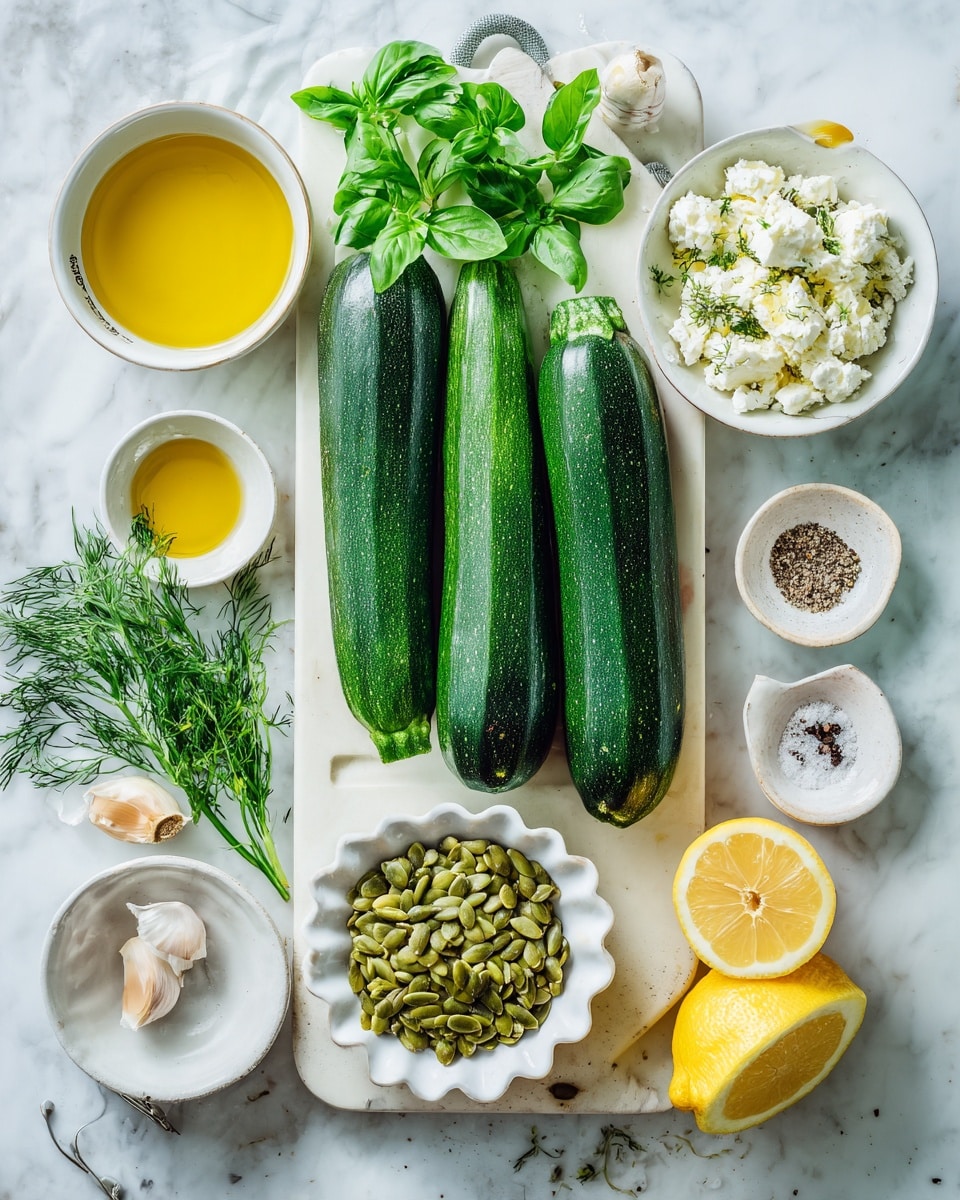 The image shows a white marbled board with two large dark green zucchinis placed horizontally at the top left. Below the zucchinis, there are fresh green herbs including basil, parsley, and dill stacked close together. Next to the zucchinis on the right side of the board is a small white scalloped bowl filled with green pumpkin seeds. Surrounding the board are small white bowls and plates containing ingredients: crumbled white cheese on the top right, golden honey below it, yellow olive oil below the honey, a halved lemon at the bottom right, and a white plate with coarse salt, black pepper, and a single garlic clove at the bottom left. A white bowl with a citrus juicer holding pale lemon juice is near the lemon. The background is a white marbled textured surface. photo taken with an iphone --ar 4:5 --v 7