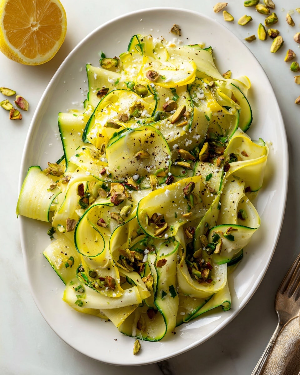 A white oval plate holds a fresh zucchini salad made of thin, wide ribbons of green and light yellow zucchini layered loosely together, creating a mix of curled and flat shapes. On top, small pieces of chopped, brown pistachios add a crunchy texture, scattered evenly across the zucchini layers. Tiny crumbles of white cheese are sprinkled throughout, blending with the green colors. The salad is lightly seasoned with black pepper visible on the zucchini ribbons. The plate rests on a white marbled surface with a lemon half and more pistachios nearby. Photo taken with an iphone --ar 4:5 --v 7