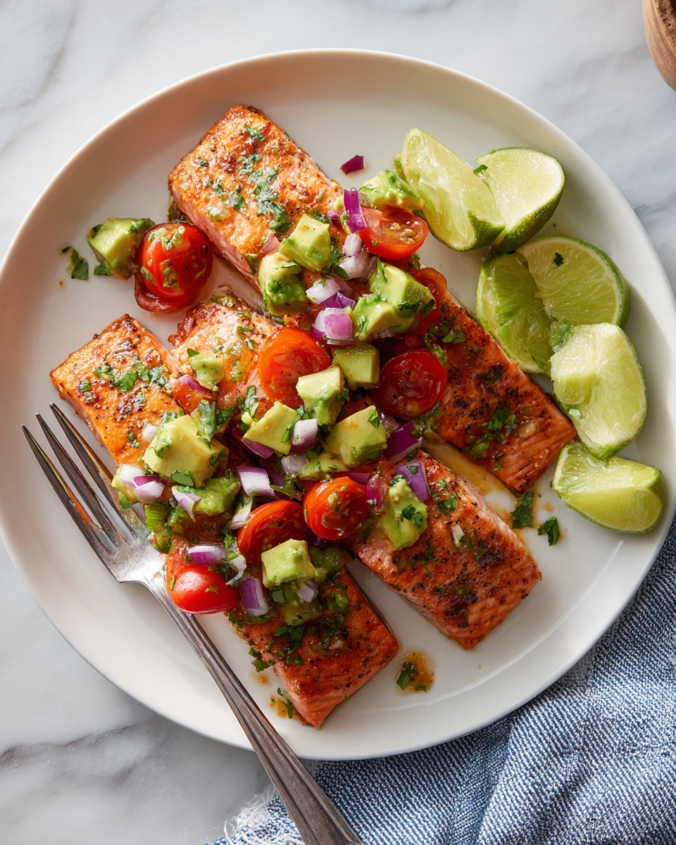 On a white plate, there are three pieces of cooked salmon, each with a reddish-orange color and seasoned with small herbs and spices on their textured surface. On top of each piece of salmon, there is a chunky salsa made of green avocado cubes, red cherry tomato halves, finely chopped red onion, and green chopped cilantro, giving the dish a mix of green, red, and purple colors. To the right of the plate, there are several lime wedges with pale green skin and a white marbled surface beneath the plate. A silver fork rests on the left side of the plate, and a striped blue and white cloth is visible at the bottom right corner. The photo is taken close up showing detailed textures and natural lighting, photo taken with an iphone --ar 4:5 --v 7