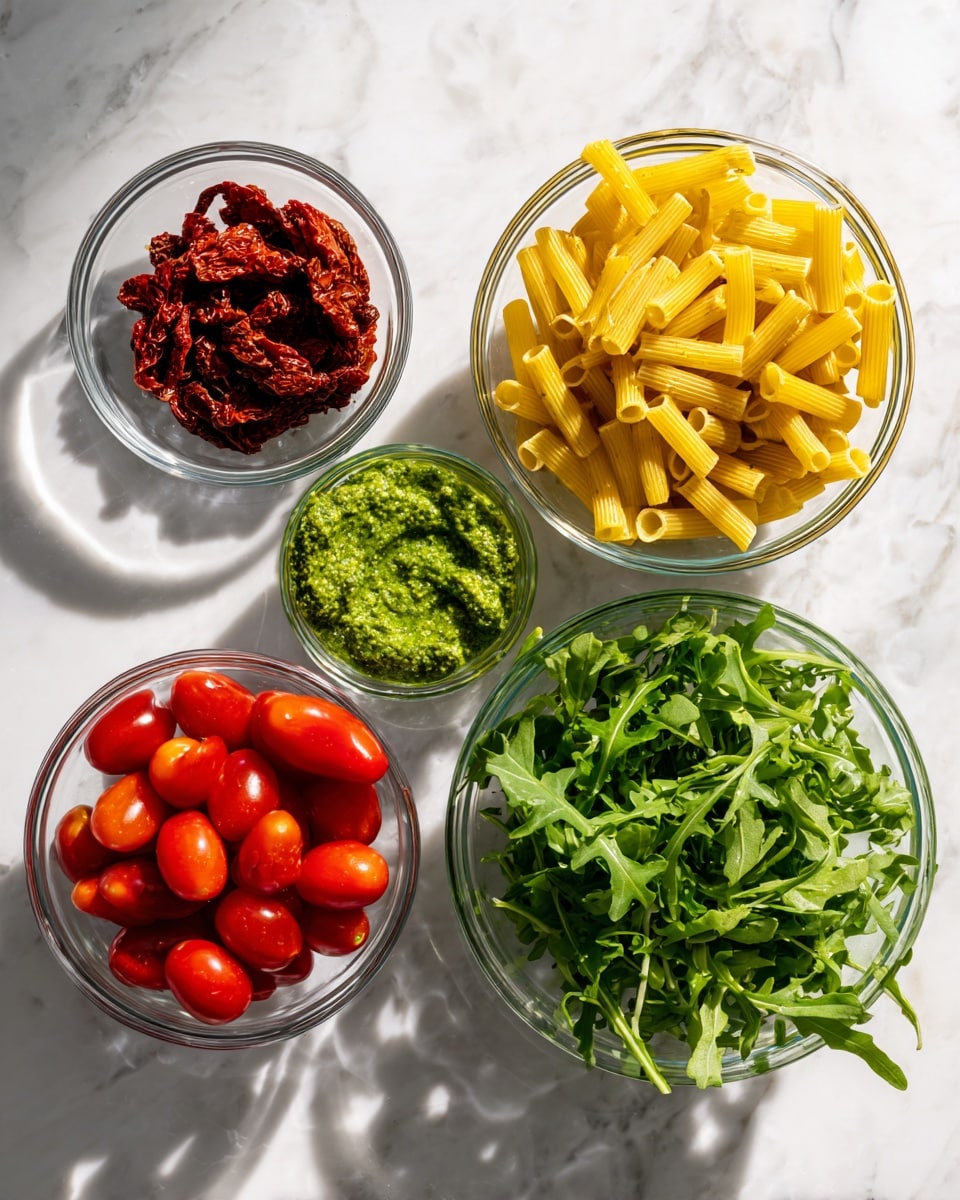 The image shows five clear glass bowls on a white marbled surface, each filled with different ingredients. The largest bowl at the top right is filled with yellow, tube-shaped pasta pieces. To its top left is a smaller bowl with deep red sun-dried tomatoes. Below the tomatoes to the left is a bowl with bright green pesto sauce, smooth in texture. Next to it on the right is a medium-sized bowl filled with fresh, green arugula leaves. At the bottom left is another bowl packed with shiny, red cherry tomatoes. The sunlight creates soft shadows and highlights, giving a fresh and vibrant look to the ingredients photo taken with an iphone --ar 4:5 --v 7