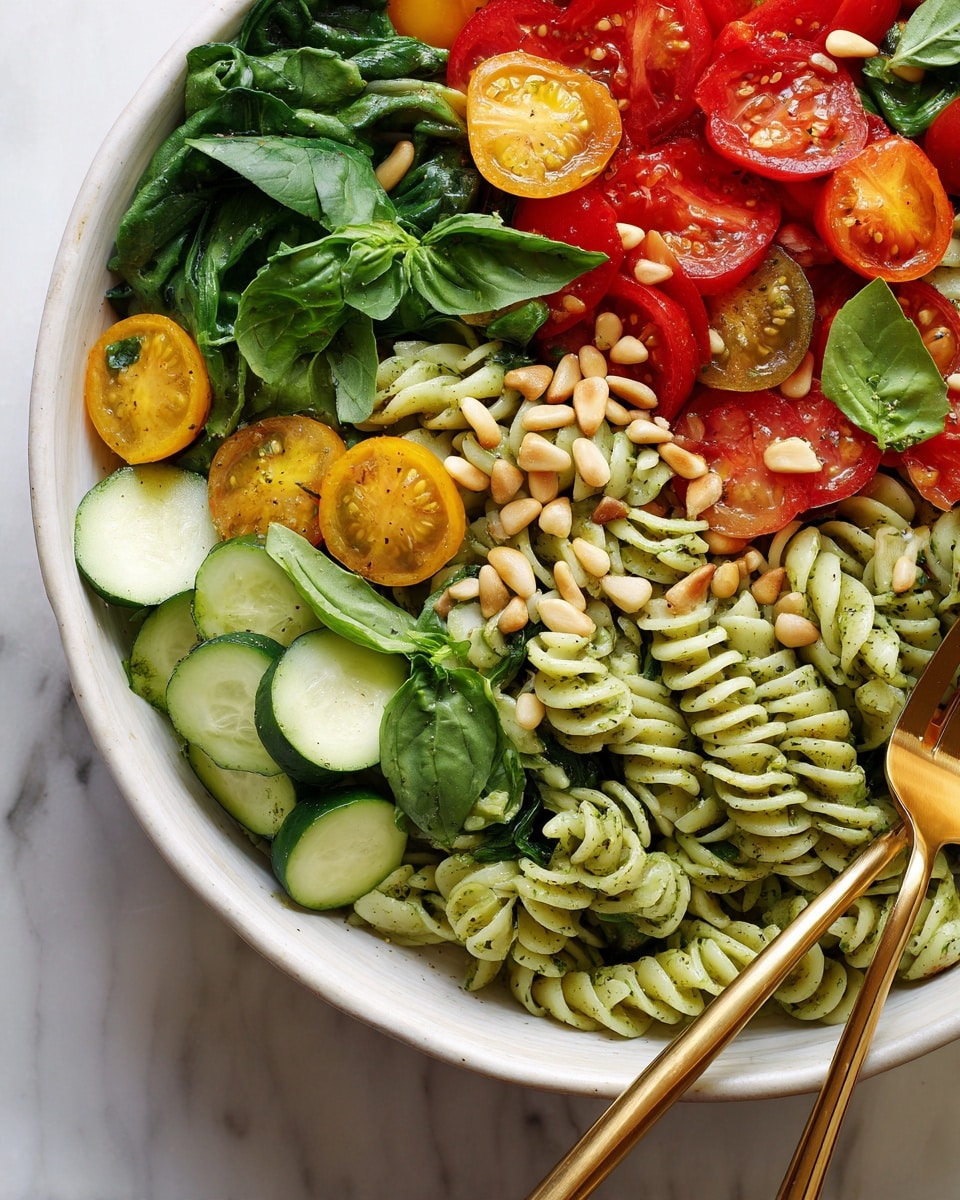 A close-up of a white bowl filled with three layers of food: the bottom layer is green spiral pasta mixed with green leafy spinach, the middle layer has red and yellow sliced cherry tomatoes along with slices of light green cucumber scattered evenly, and the top layer is green fresh basil leaves and light brown pine nuts sprinkled all over. A golden spoon and a golden fork rest on the right edge of the bowl, and the bowl sits on a white marbled surface. Photo taken with an iphone --ar 4:5 --v 7