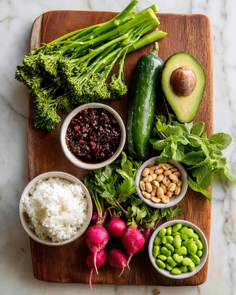A wooden board placed on a white marbled surface holds fresh ingredients arranged neatly: bright green broccolini with small florets is on the left, next to a small white bowl filled with dark reddish-brown sauce with red chili flakes. A long dark green cucumber and half an avocado with a large brown seed inside lie to the right. Below these, there is a pile of deep pink radishes, a bunch of leafy green herbs including cilantro and mint, and a few green onions. Two small white bowls contain shiny green edamame beans and lightly salted peanuts. In the bottom left corner, a white bowl holds a fluffy pile of cooked white rice. photo taken with an iphone --ar 4:5 --v 7