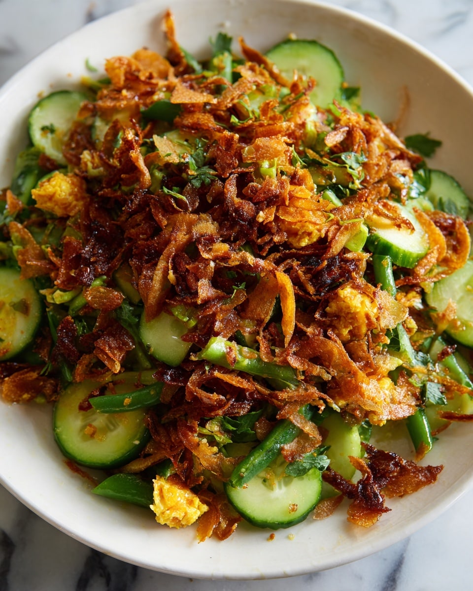 The image shows a close-up of a mixed salad with many small pieces and colors. The dish has several layers starting with bright green cucumber slices and small green beans. On top of that, there are many small pieces of crispy fried onions in dark brown and light orange colors. Scattered throughout are small chunks of yellow and orange, possibly tofu or a similar ingredient, mixed with tiny green herbs. The salad looks coated in a shiny, slightly oily dressing that makes it glisten. The background is a white marbled surface. photo taken with an iphone --ar 4:5 --v 7