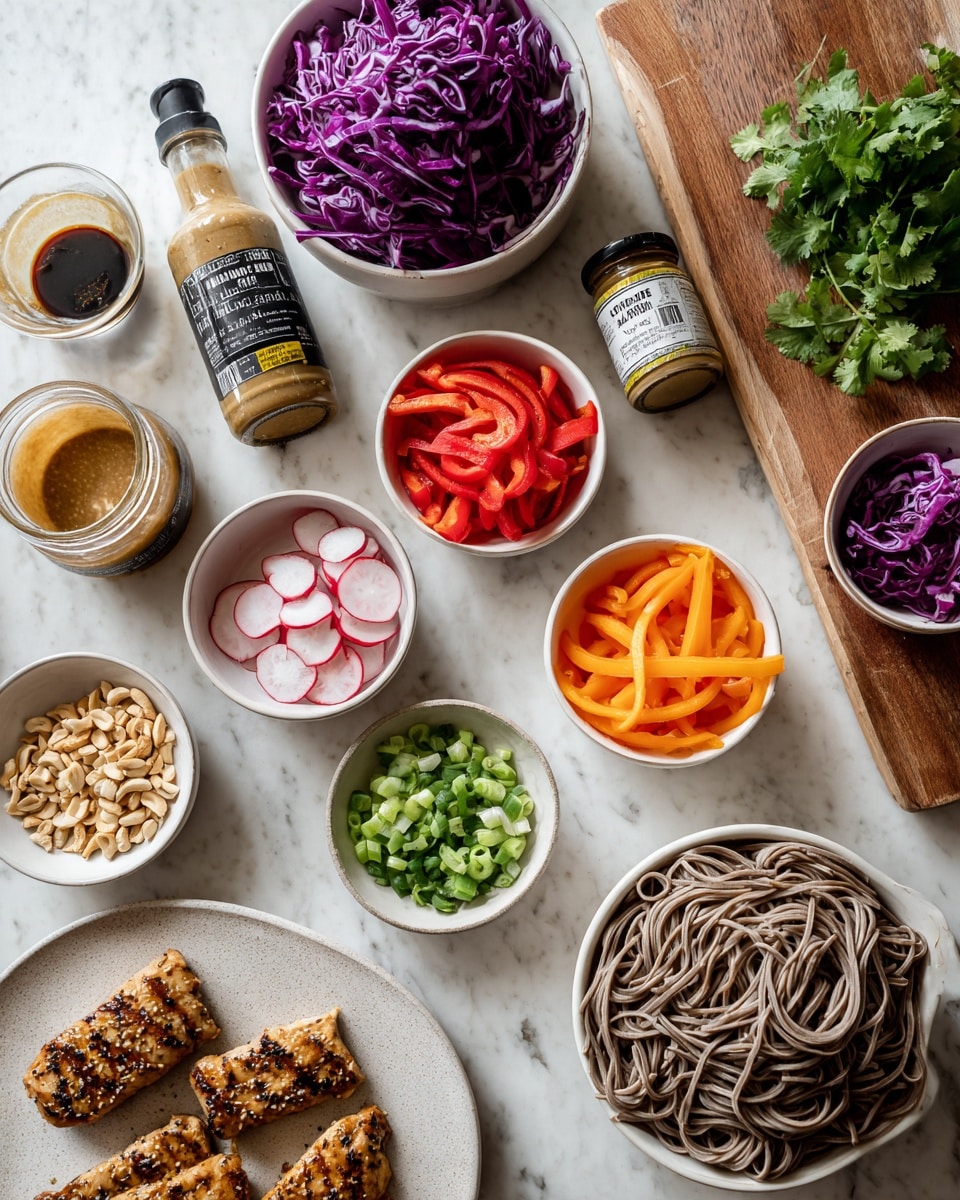 The image shows multiple small bowls and plates arranged on a white marbled surface, each containing fresh ingredients for a meal. One white bowl holds thin purple cabbage strips in the center, surrounded by smaller white bowls filled with sliced red bell peppers, shredded orange carrots, sliced radishes, chopped green onions, chopped peanuts, and a light brown sauce. A bottle of sesame ginger dressing lies flat near the center, with a jar of peanut butter and a bottle of grapeseed oil nearby. A white plate at the bottom has several pieces of grilled chicken with a golden brown texture. To the right, there is a large clear bowl filled with cooked buckwheat noodles. Fresh cilantro and a wooden cutting board are at the top corner. Photo taken with an iphone --ar 4:5 --v 7
