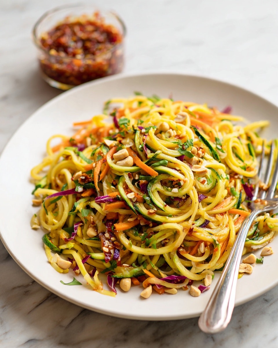 A white plate holds a colorful salad made of twisted yellow noodles mixed with thin strips of green zucchini, orange carrot, and purple cabbage. The salad is sprinkled with chopped green herbs and scattered light brown nuts. A metallic fork rests on the right side of the plate, partially sunk into the salad. In the background on a white marbled surface, there is a small glass bowl filled with a chunky red sauce and some green herb leaves scattered around. Photo taken with an iphone --ar 4:5 --v 7