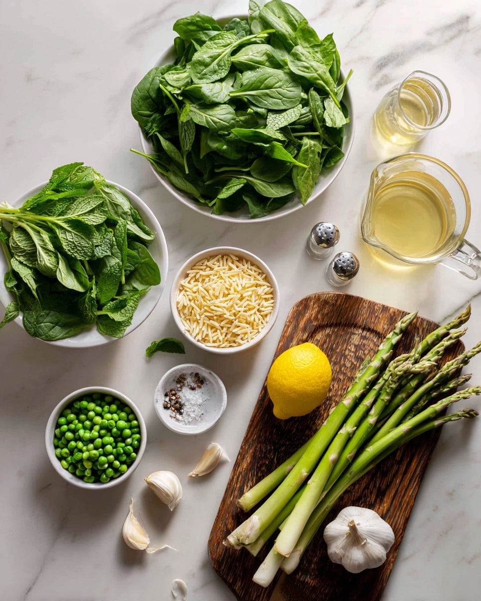 A white bowl filled with fresh green spinach leaves sits on a white marbled surface. Next to it is a white round plate holding a mix of green leaves including mint and parsley. In a small white bowl, there are yellow dry orzo pasta grains. Nearby, a lemon with bright yellow skin lies beside a wooden cutting board topped with fresh green asparagus spears and a large green leek. Two cloves of garlic rest near the bottom edge of the cutting board. Small white bowls contain green peas and white crumbly cheese. There is a small glass container of olive oil, a salt shaker, and a clear glass measuring cup filled with light yellow broth. All items are arranged neatly with soft natural light coming from the top right. Photo taken with an iphone --ar 4:5 --v 7