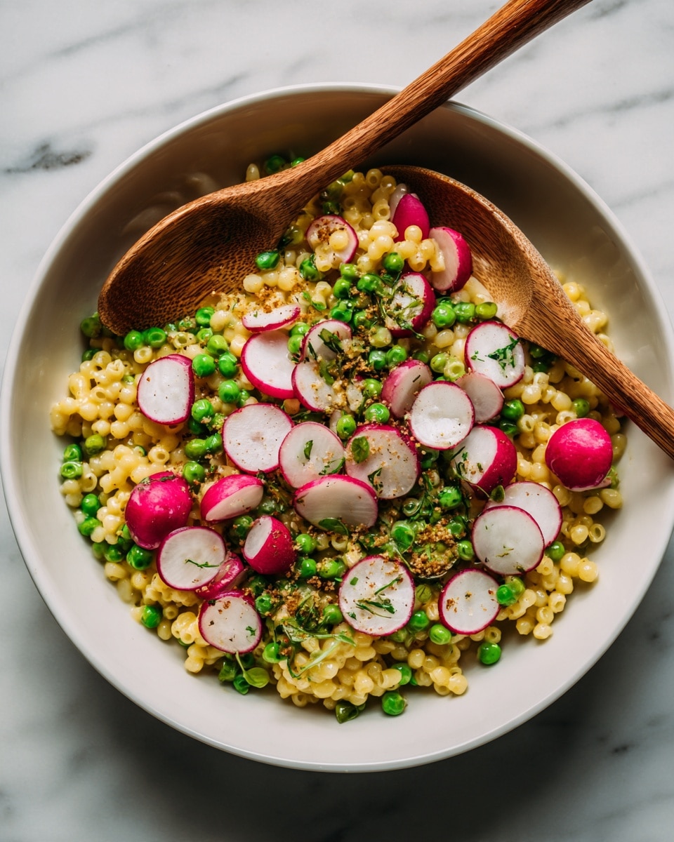 A white bowl filled with three main layers of food, starting with a base of small yellowish pasta pieces shaped like rice grains with a slight shine, mixed with bright green peas scattered evenly throughout. On top of this, thin round slices of radish with white centers and red edges are spread, giving a fresh and crisp look. The dish is sprinkled with small bits of green herbs and some tiny brown seeds or spices adding texture and detail. Two wooden spoons rest in the bowl, one partially stirring the contents, all set against a white marbled surface. photo taken with an iphone --ar 4:5 --v 7