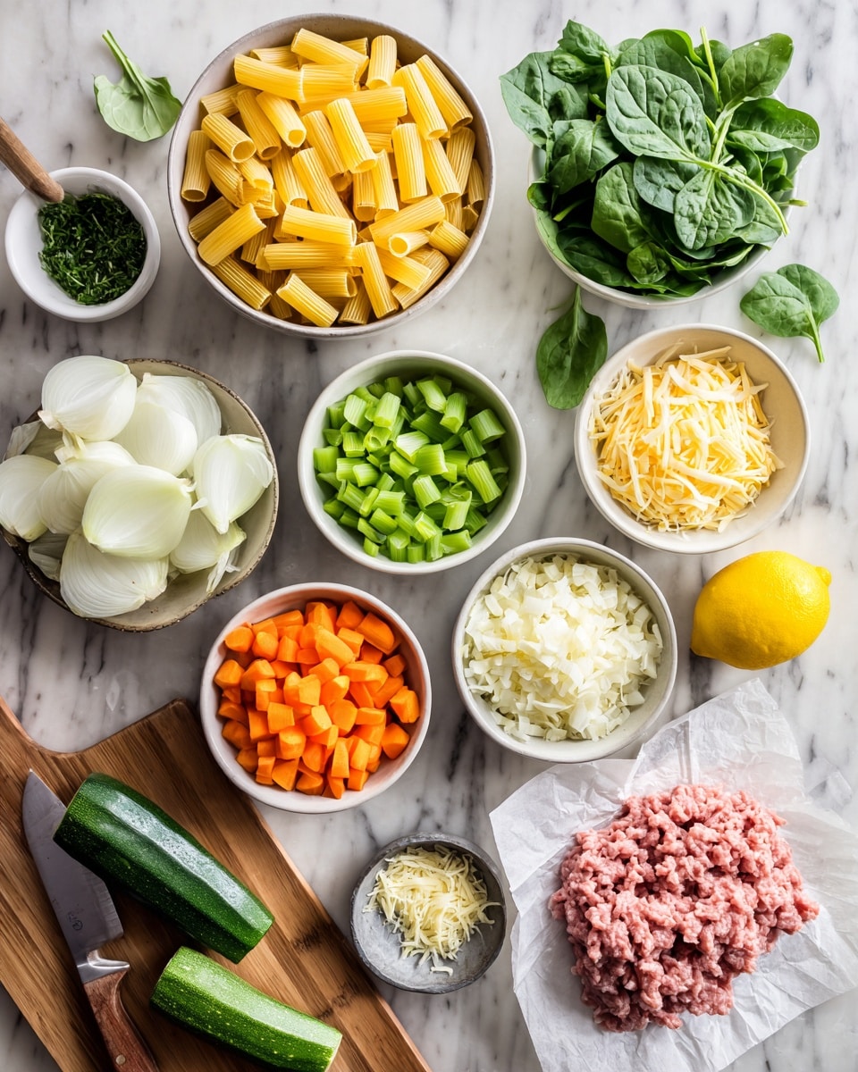 The image shows an arrangement of fresh ingredients on a white marbled surface. In the center top, there is a bowl of uncooked yellow tube-shaped pasta. Surrounding it are bowls of chopped white onions, sliced bright orange carrots, chopped green celery, and grated pale yellow cheese. To the right is a bunch of fresh green spinach leaves, and next to it are two halves of a yellow lemon. On the lower right, there is raw light pink ground meat placed on a piece of parchment paper. On the left side, sliced green zucchini with dark green edges lies on a wooden cutting board next to a knife with a wooden handle. In the bottom center, a small bowl of finely minced garlic is visible. The photo was taken with an iphone --ar 4:5 --v 7