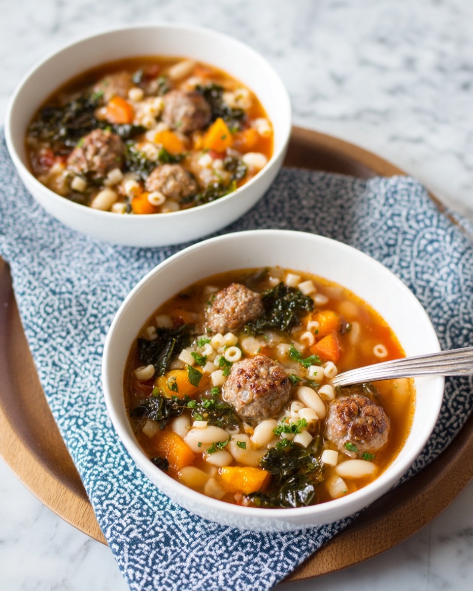 Two white bowls filled with soup sit on a round wooden tray over a blue and white patterned cloth on a white marbled surface. The soup has a reddish-brown broth with visible layers including chunks of carrots, white beans, small pasta pieces, green leafy kale, and browned meatballs. Chopped green herbs are sprinkled on top, adding a fresh touch. A silver spoon rests inside the bowl at the bottom right. The photo taken with an iphone --ar 4:5 --v 7
