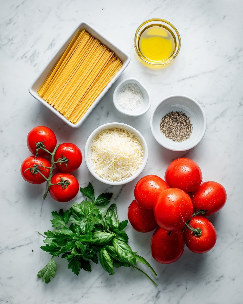 The image shows ingredients neatly arranged on a white marbled surface. On the left is a white rectangular dish holding uncooked spaghetti laid flat. To the right, there is a small clear glass container with yellow olive oil, a small white bowl with grated cheese, a small white bowl containing minced garlic, and a larger white bowl with salt and black pepper. Fresh green basil and parsley leaves lie between the olive oil and cheese bowls, while ten red Roma tomatoes are grouped on the right side. photo taken with an iphone --ar 4:5 --v 7