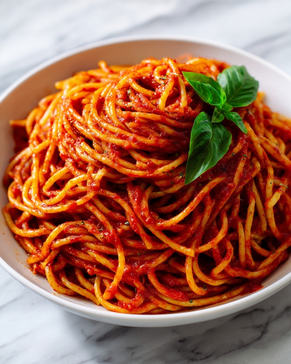 A white bowl with a pile of spaghetti coated in a smooth, red tomato sauce, the noodles are well mixed and have a shiny texture. The spaghetti is layered thickly in the center of the bowl, with a fresh green basil leaf placed on the side. The background is a white marbled surface, and the lighting highlights the glossy texture of the sauce on the noodles. photo taken with an iphone --ar 4:5 --v 7