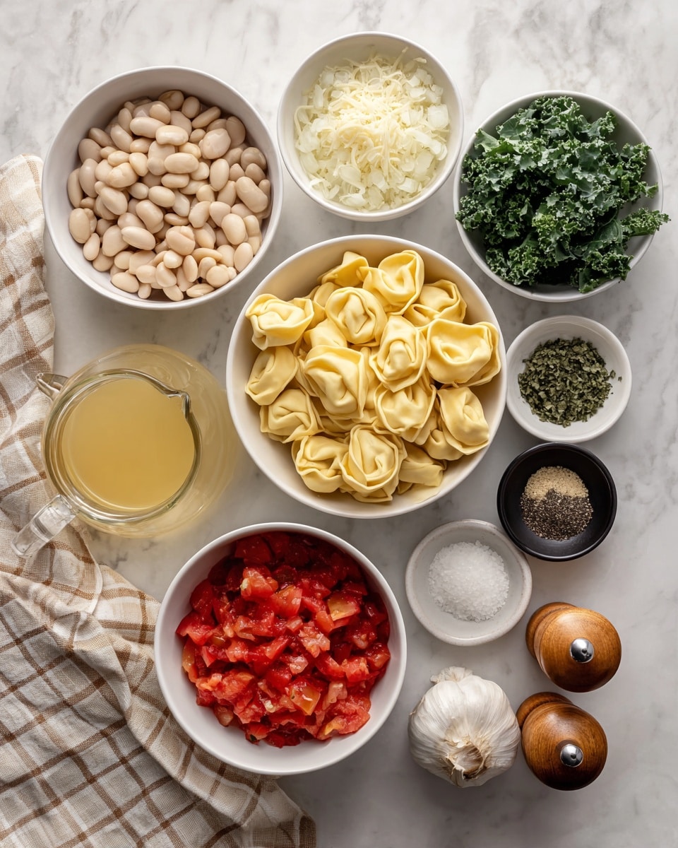 A top view of various cooking ingredients arranged neatly on a white marbled surface, including a white bowl filled with uncooked tortellini showing a pale yellow, folded pasta shape; another white bowl holding light beige beans; a white bowl containing bright red diced tomatoes in sauce; a clear glass jug filled with light yellow broth; a white bowl with chopped white onions; a small white container with finely grated cheese; a small bowl of chopped green kale leaves; three small black round bowls containing black pepper, dried herbs, and salt; a small grey bowl with minced garlic; two wooden salt and pepper shakers; and a beige and white checkered kitchen towel folded nearby, photo taken with an iphone --ar 4:5 --v 7
