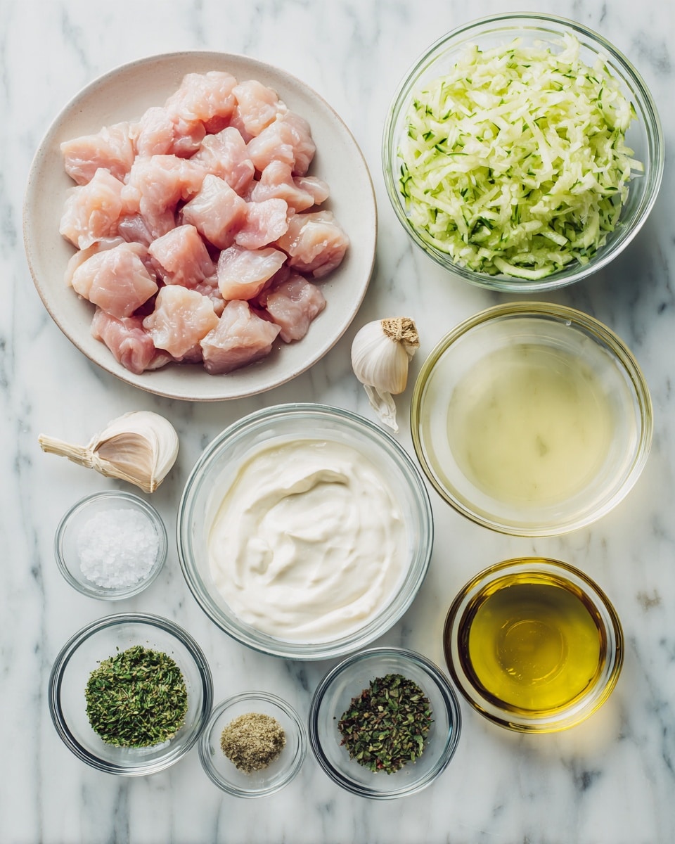 A white plate filled with small pink raw chicken pieces sits at the bottom left of the image. To the right of it, a clear glass bowl with thick white yogurt and another smaller bowl with a pale yellow liquid rest side by side. Above these, a glass bowl contains shredded pale green cucumber. Around these main items, smaller clear containers hold minced garlic, dried green herbs, clear salt crystals, golden olive oil, and a few more transparent ingredients. The background is a clean white marbled surface. photo taken with an iphone --ar 4:5 --v 7