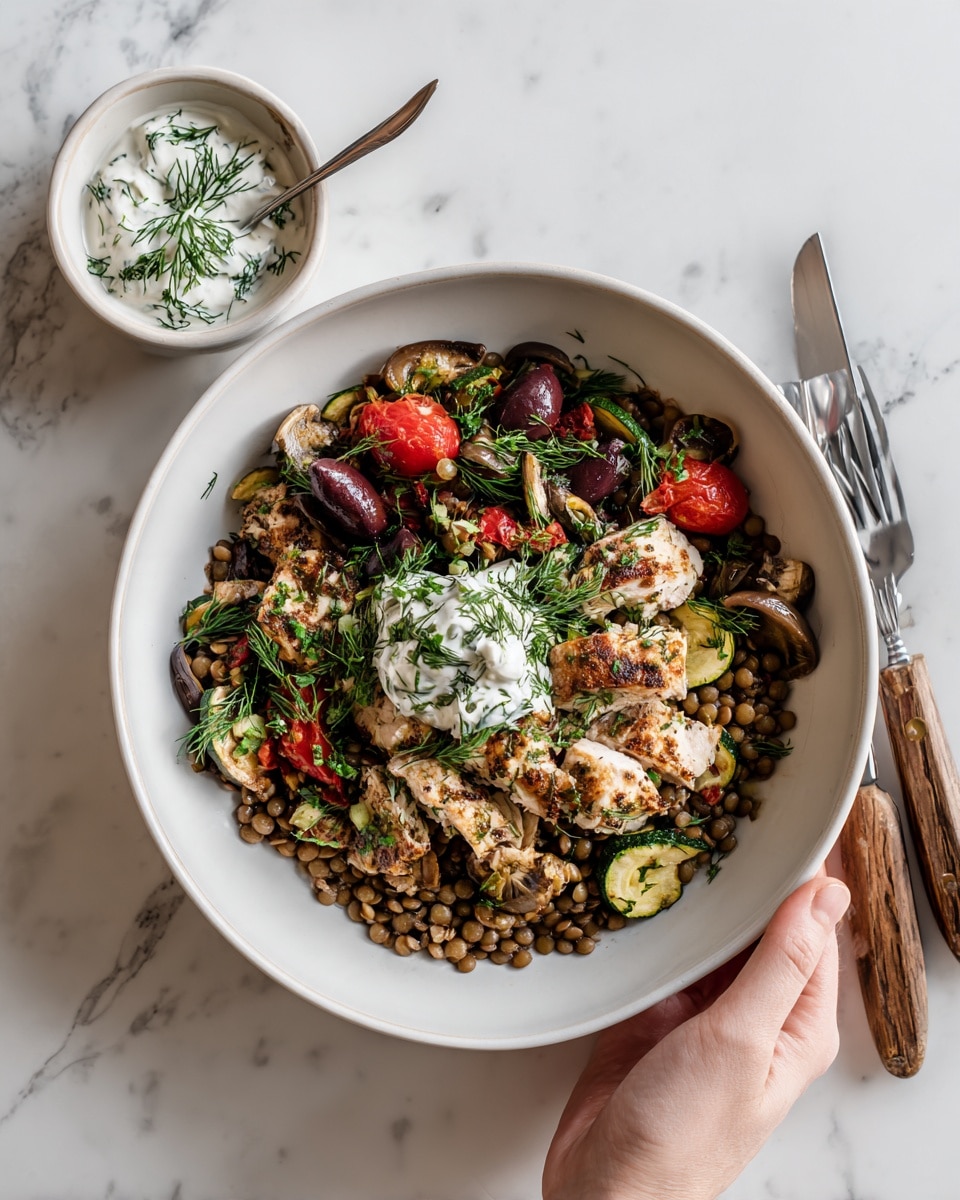 The image shows a white bowl filled with a colorful dish arranged in layers. The bottom layer is made of cooked lentils in light brown. On top of the lentils, there is a mix of sliced roasted vegetables including dark purple olives, red tomatoes, and green zucchini slices. Several pieces of cooked light brown chicken are placed on the vegetables. The dish is topped with a dollop of white yogurt mixed with herbs, and fresh green dill sprigs are scattered over the top. The bowl sits on a white marbled surface next to a small white bowl containing more yogurt with herbs. A woman's hand holds a silver serving spoon and fork with brown handles beside the bowl. photo taken with an iphone --ar 4:5 --v 7