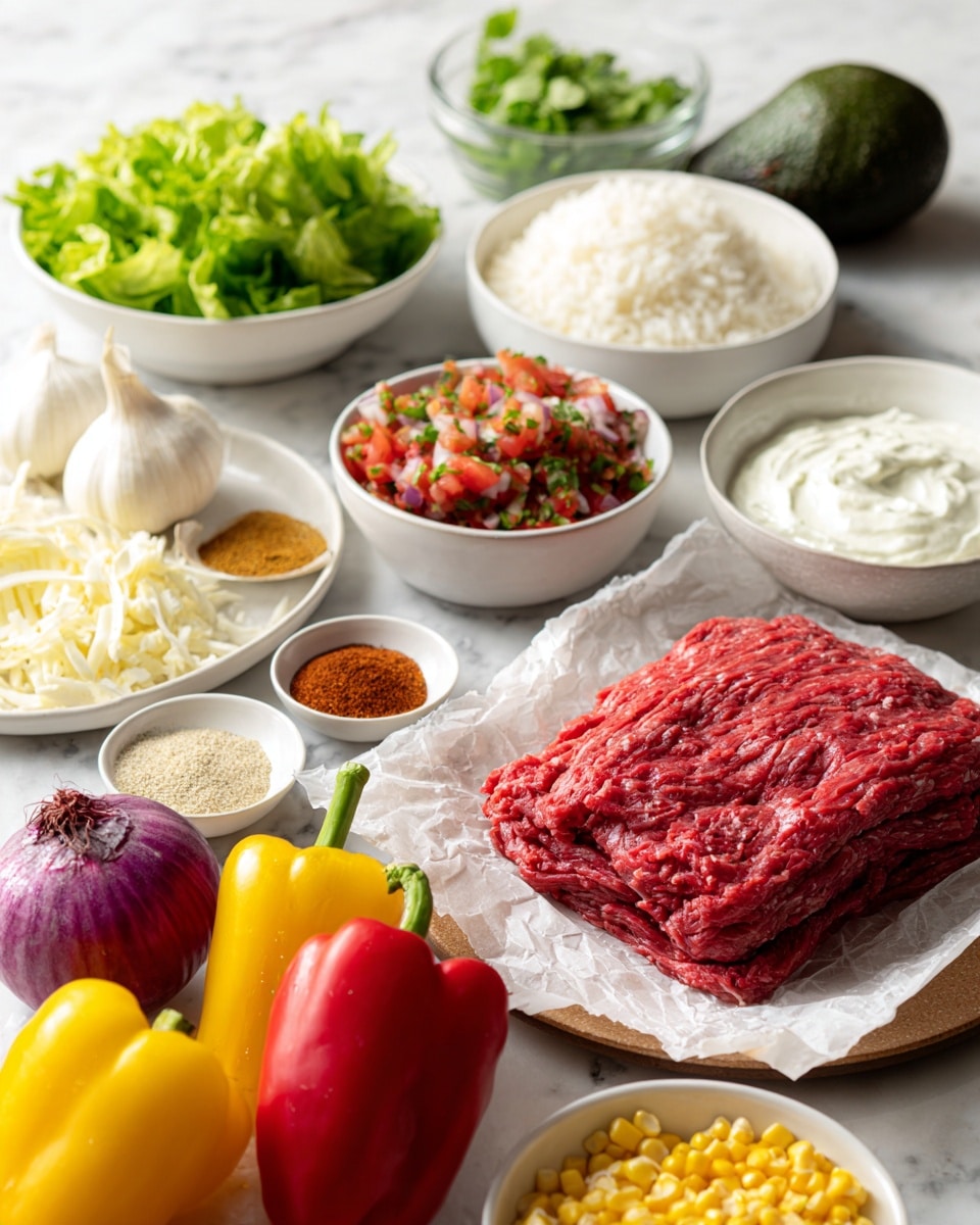 A white plate holds a large, thin layer of raw red meat on a piece of parchment paper, placed on a white marbled surface. Nearby, there is a small white bowl with five different powdered spices arranged side by side in yellow, red, brown, beige, and white colors. A larger white bowl filled with bright green chopped lettuce sits beside a smaller white bowl full of red tomato salsa mixed with white onion and green herbs. A white bowl with smooth, thick white cream is visible near some garlic cloves. In the foreground, three whole bell peppers in red, yellow, and green colors, along with two dark green avocados and a red onion, lie on the white marbled surface. Two small white bowls with yellow corn kernels and uncooked white rice complete the arrangement. Photo taken with an iphone --ar 4:5 --v 7