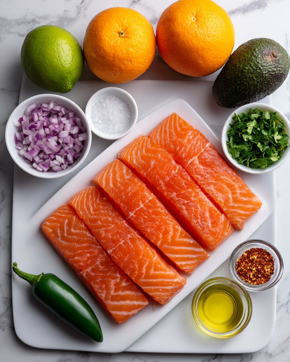 The image shows four thick pieces of raw salmon with a bright orange color and visible white fat lines, placed neatly side by side on a white rectangular plate at the bottom of the image. Above the plate, there are two whole oranges with a smooth and shiny skin, one whole lime with a green textured skin, and one whole avocado with a dark green bumpy texture. A green jalapeño pepper lies horizontally below the lime. There are three small white bowls: one filled with finely chopped red onions, another with chopped green cilantro leaves, and a small glass bowl holding white salt. Two more small clear glass bowls contain red spice flakes and a yellow liquid, likely olive oil, respectively. All items are displayed on a white marbled surface. Photo taken with an iphone --ar 4:5 --v 7