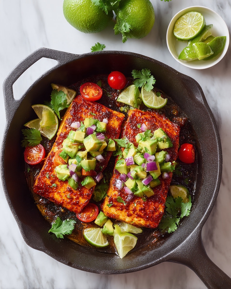 A cast iron pan contains two cooked pieces of fish with a spicy red-brown crust. On top of each piece is a fresh salsa made of small green avocado cubes, red cherry tomato halves, and bits of purple onion. Around the fish and salsa are several lime wedges and green cilantro leaves for garnish. The pan is placed on a white marbled surface with two whole limes and a small white bowl with lime wedges and cilantro nearby. A woman's hand is visible holding the pan handle. photo taken with an iphone --ar 4:5 --v 7