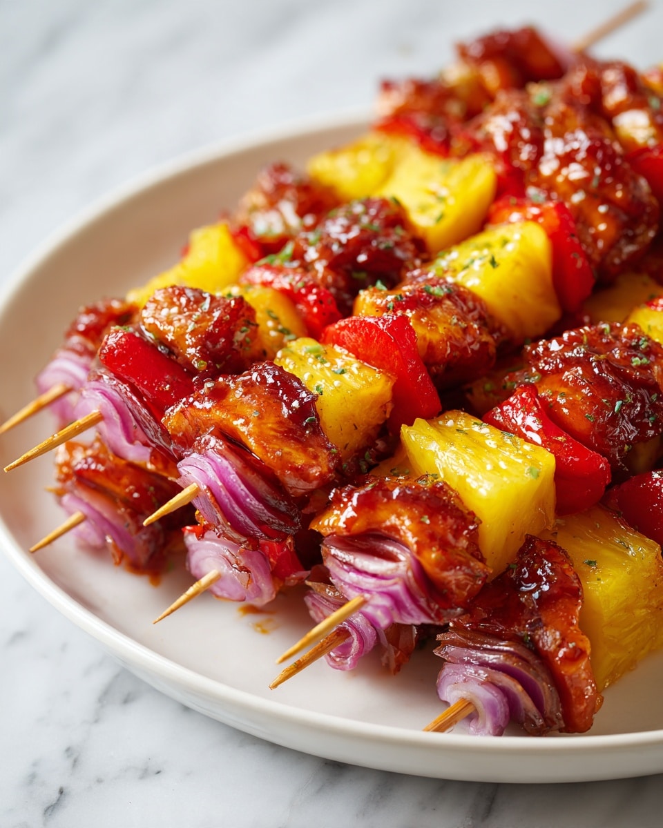The image shows several long wooden skewers stacked on a white plate, each skewer layered with shiny, reddish-brown marinated pieces of raw chicken alternating with chunks of yellow pineapple, red bell pepper slices, and bits of red onion. The chicken pieces are thick and curved, covered evenly with a glossy sauce that makes the colors deeper and richer. The pineapple pieces are bright yellow with a smooth texture, while the red bell peppers are vibrant and slightly glossy. The red onion adds a pop of purple and white rings in between the other layers. All the skewers rest together closely on the white plate with a white marbled surface background. photo taken with an iphone --ar 4:5 --v 7