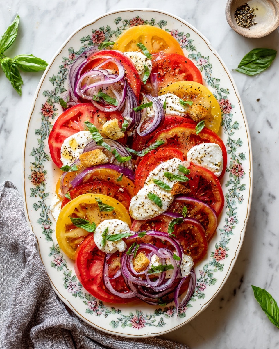 An oval white plate with floral patterns holds a colorful salad arranged in layers starting with thick slices of red and yellow tomatoes covering the base. On top of the tomatoes are thin spirals of light purple onions spread evenly. Dollops of creamy white cheese are placed around the plate, each topped with dark green fresh basil leaves. Small golden brown croutons are scattered throughout, adding texture. The salad is lightly drizzled with olive oil and sprinkled with black pepper. The plate sits on a white marbled surface with a folded gray cloth to the side. photo taken with an iphone --ar 4:5 --v 7