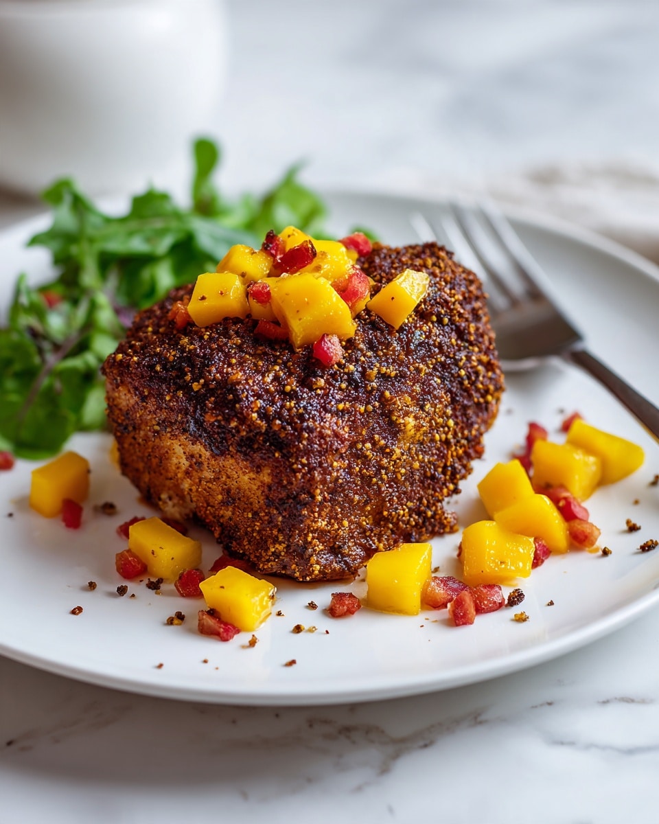 The image shows a cooked spiced chicken piece with a dark brown, textured crust covered in small seasoning granules. On top of the chicken and scattered around its base are small bright yellow and red cubed vegetables or fruit, adding color contrast with their smooth texture. The food is arranged on a white plate, and a few green leafy salad pieces peek at the back left side. To the right, a fork rests on the edge of the plate. The scene is set on a white marbled surface with a simple, softly blurred background. photo taken with an iphone --ar 4:5 --v 7