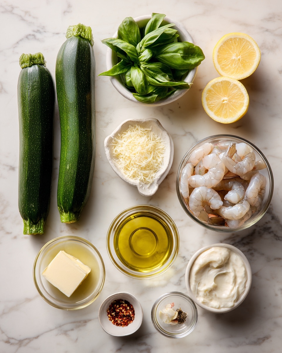 The image shows a white marbled surface with a neat arrangement of ingredients. There are two long dark green zucchinis at the top left. Moving clockwise, there is a small white bowl with fresh green basil leaves, a clear glass bowl with two lemon wedges, a larger clear glass bowl full of raw peeled shrimp. Below the shrimp, a small white bowl contains grated cheese. Next to it is a small clear bowl of golden olive oil, a small white bowl with a square of butter, and a tiny clear bowl holding red chili flakes. Above these is another small white bowl with whole garlic cloves. Finally, a small clear bowl with cream sits near the middle bottom. The ingredients are well separated and clearly visible on the white marbled surface. Photo taken with an iphone --ar 4:5 --v 7