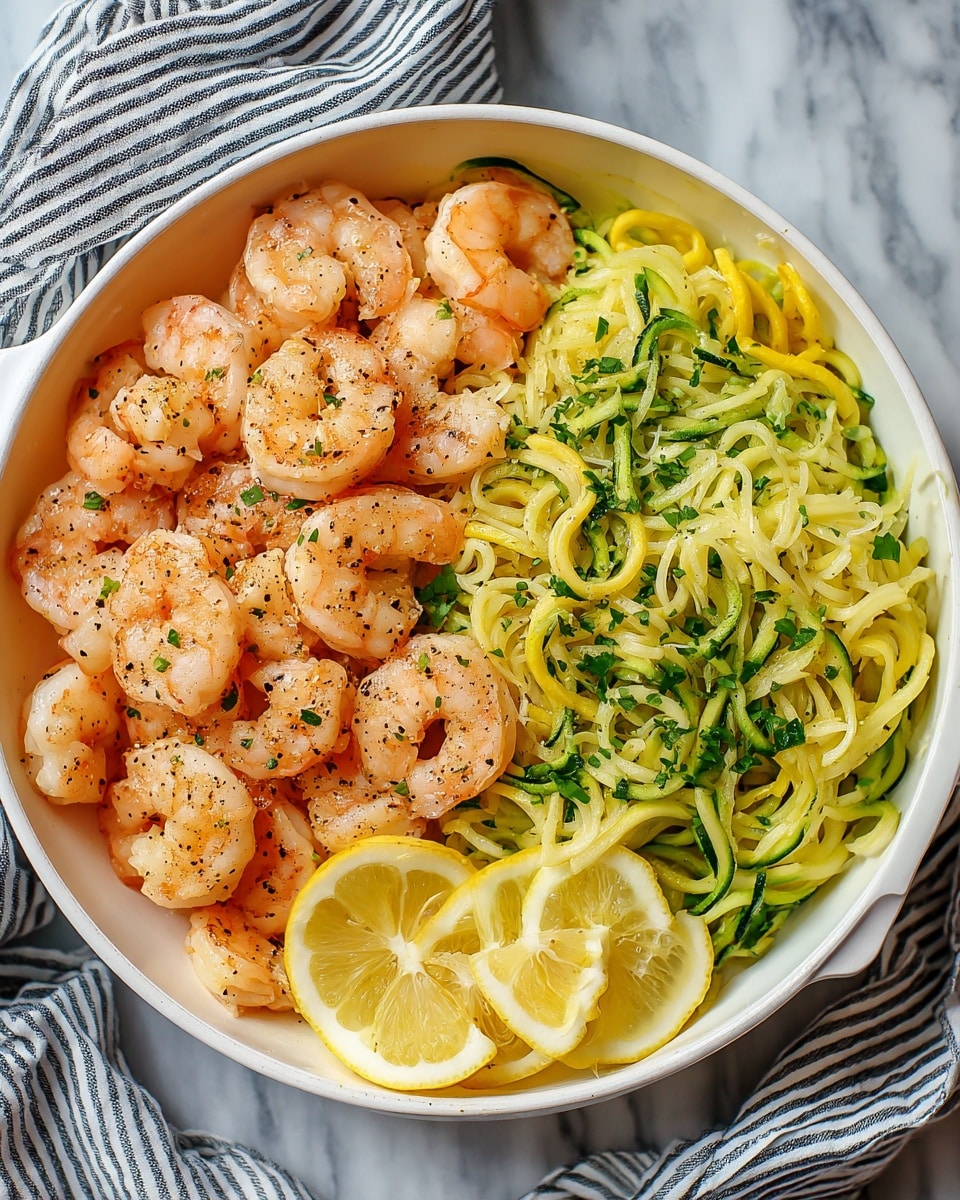 A white pan filled with two main layers: on the left, a pile of cooked shrimp with a light pink and orange color, each shrimp showing a curled shape and some black pepper sprinkled on top. On the right, a mix of yellow and green spiralized noodles that look soft and have a slight shine, garnished with chopped green herbs. Two lemon wedges with a pale yellow color are placed at the bottom center of the pan. The dish is set on a white marbled surface with a striped cloth partially visible on the right side. Photo taken with an iphone --ar 4:5 --v 7
